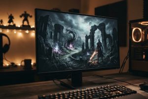 Игровой компьютер с экраном загрузки фэнтезийной игры