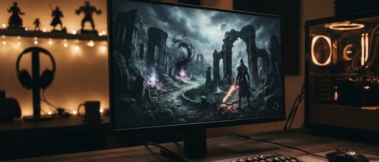 Игровой компьютер с экраном загрузки фэнтезийной игры