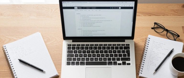 Ноутбук и блокнот на рабочем столе для поиска совета онлайн