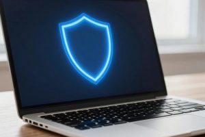 Ноутбук с экраном, на котором отображается значок защиты от угроз