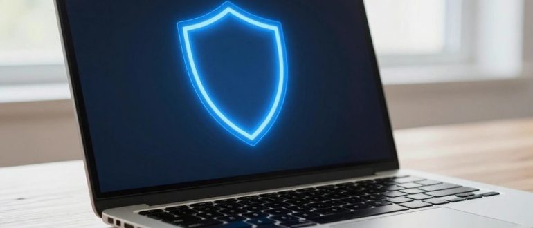 Ноутбук с экраном, на котором отображается значок защиты от угроз
