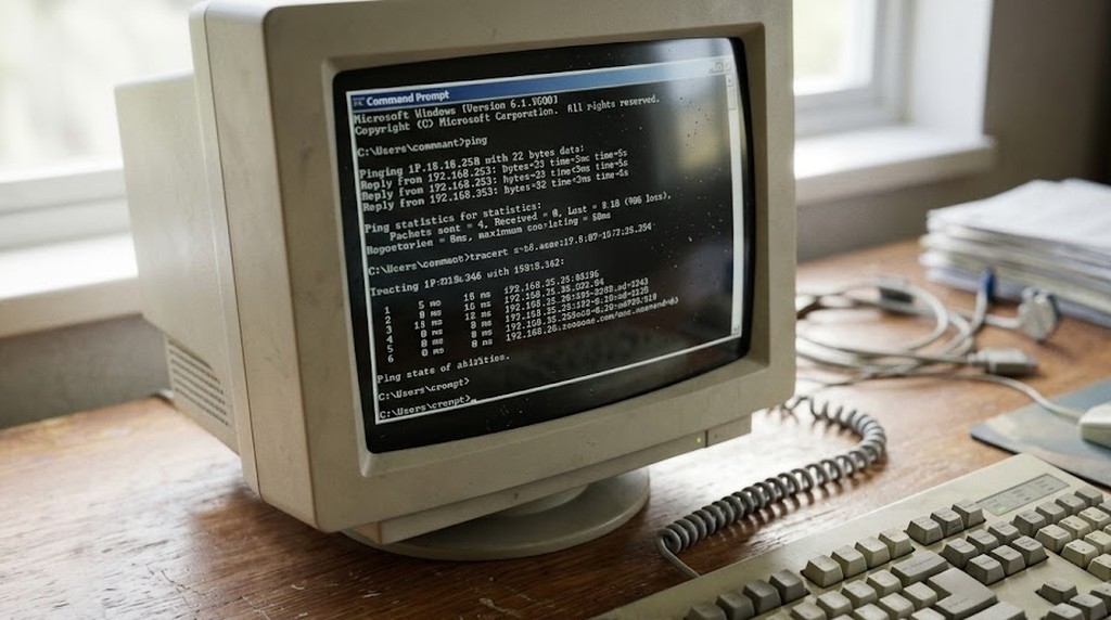 Окно командной строки на мониторе старого компьютера с результатами проверки сети