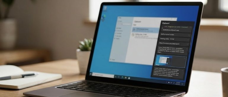 Панель истории буфера обмена Windows 10 на экране ноутбука