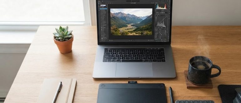 Рабочий стол с ноутбуком, на экране которого открыт редактор фотографий