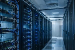 Серверная комната со стойками оборудования для корпоративной почты