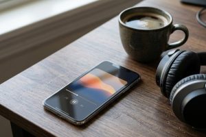 Смартфон с видеоплеером и наушники на рабочем столе