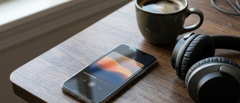 Смартфон с видеоплеером и наушники на рабочем столе