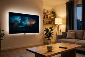 Телевизор в уютной гостиной для просмотра сериалов через стриминг