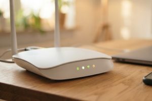 Wi-Fi роутер с горящими индикаторами на рабочем столе