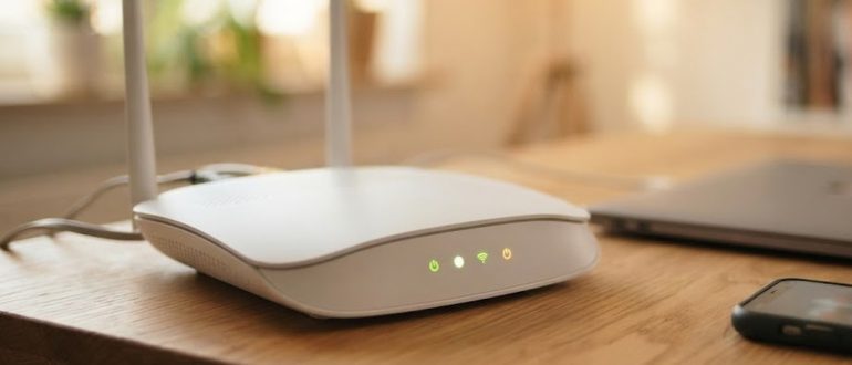 Wi-Fi роутер с горящими индикаторами на рабочем столе