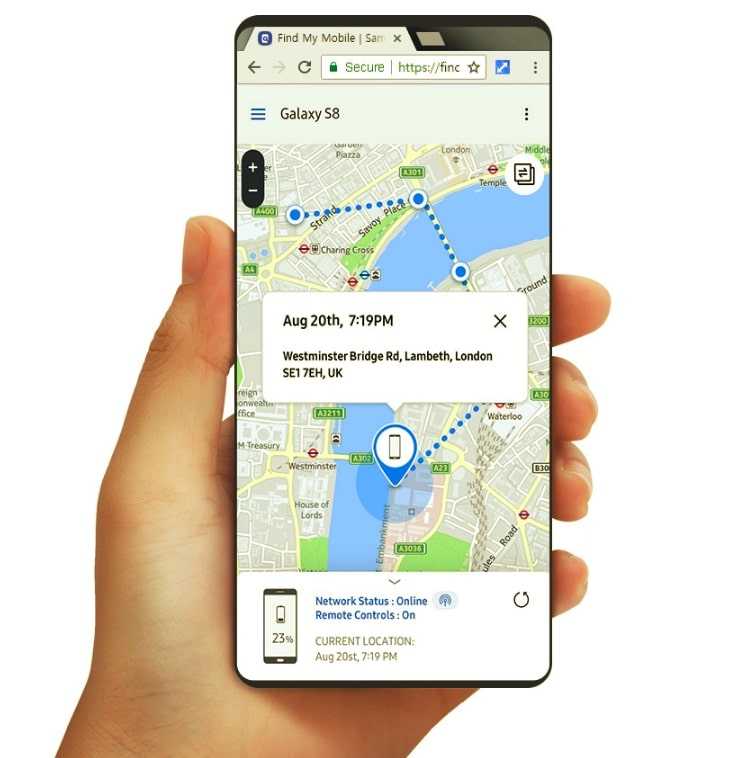 Локатор телефона Find My Mobile от Samsung, который работает аналогично Google Find My Device , определит ваше устройство на карте и предложит несколько